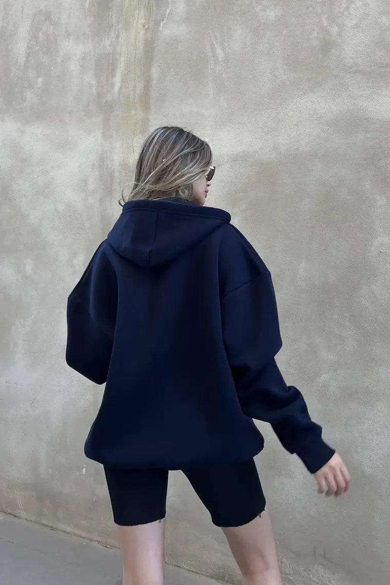 la & vetta Koyu Lacivert Kapüşonlu Oversize Fermuarlı Şardonlu Sweatshirt