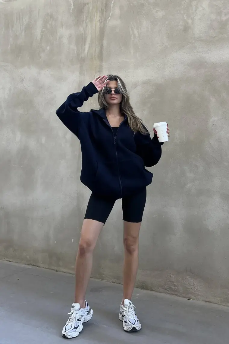 la & vetta Koyu Lacivert Kapüşonlu Oversize Fermuarlı Şardonlu Sweatshirt