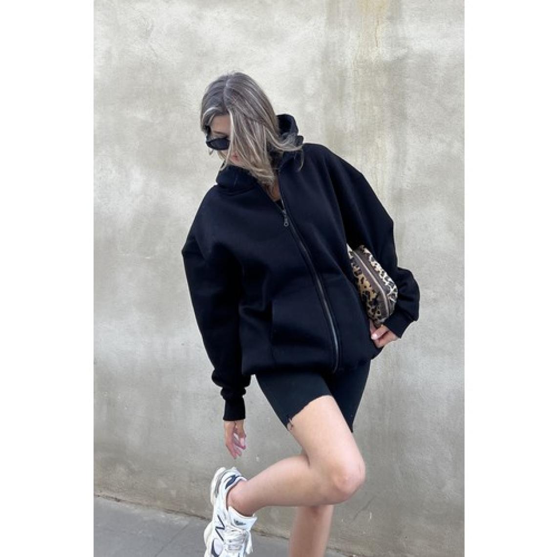 la & vetta Siyah Kapüşonlu Oversize Fermuarlı Şardonlu Sweatshirt