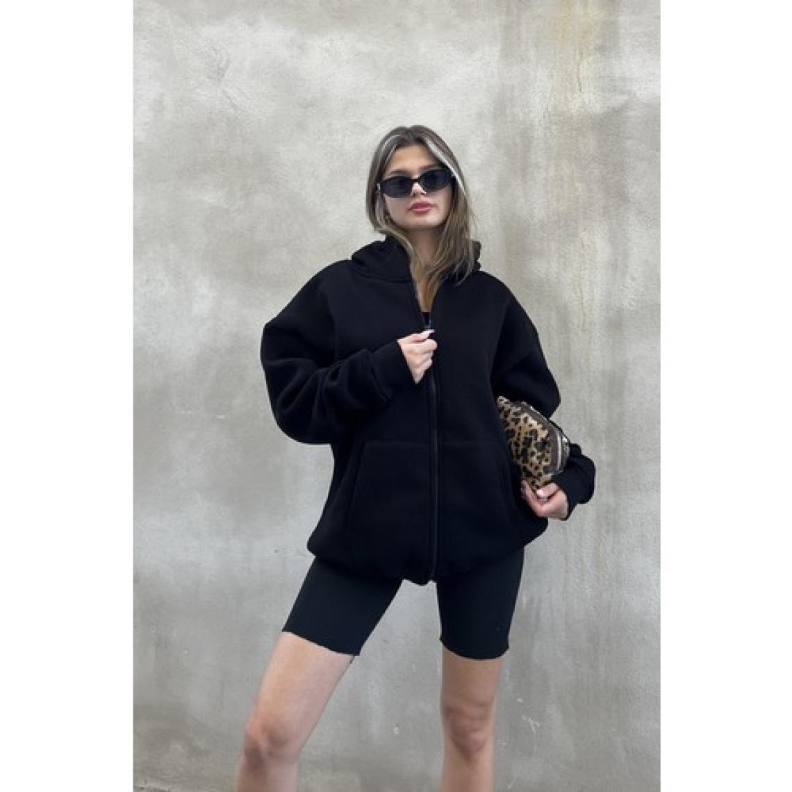 la & vetta Siyah Kapüşonlu Oversize Fermuarlı Şardonlu Sweatshirt