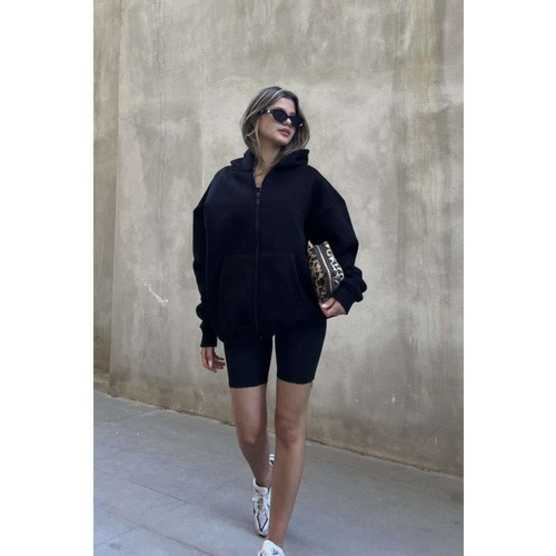 la & vetta Siyah Kapüşonlu Oversize Fermuarlı Şardonlu Sweatshirt