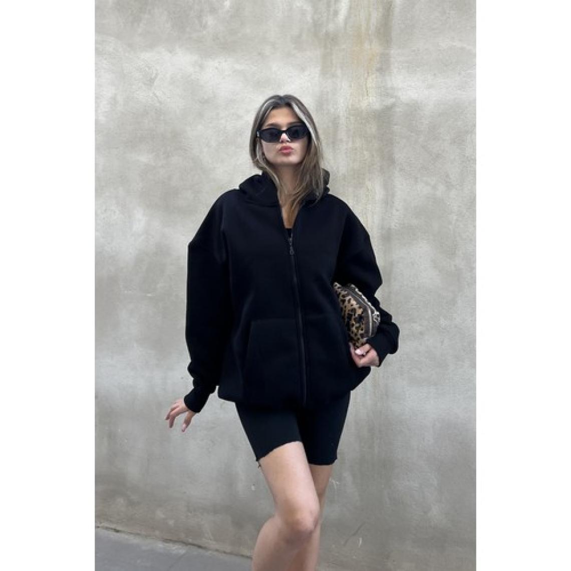 la & vetta Siyah Kapüşonlu Oversize Fermuarlı Şardonlu Sweatshirt