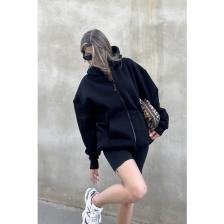 la & vetta Siyah Kapüşonlu Oversize Fermuarlı Şardonlu Sweatshirt