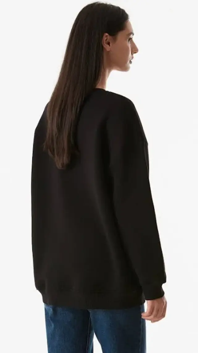 Yazı Nakışlı Bisiklet Yaka Sweatshirt