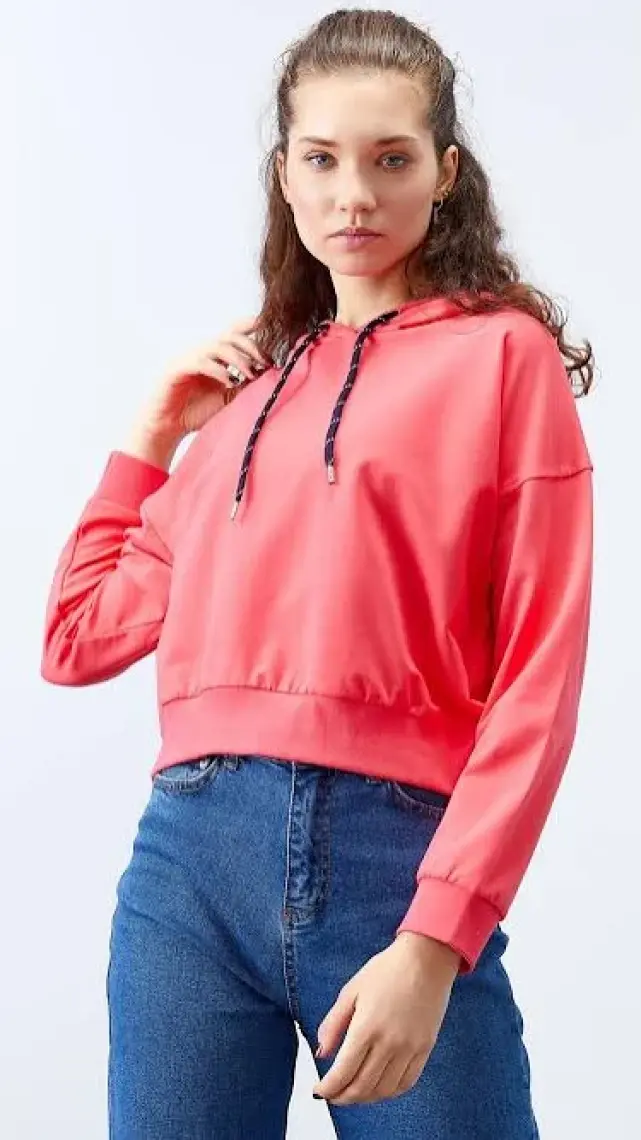 Tommy Life Fuşya Uzun Kol Rahat Form Kapüşonlu Kadın Sweatshirt - 97115