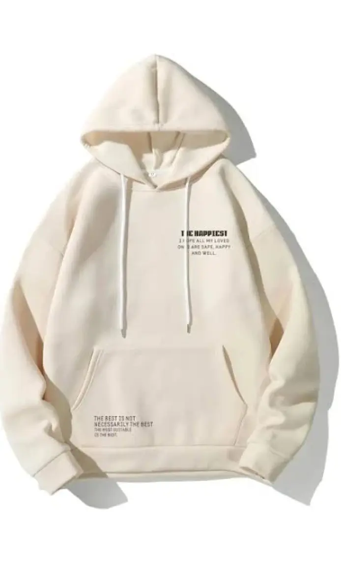 Trendseninle Bej The Happiest Baskılı Kapişonlu Sweatshirt