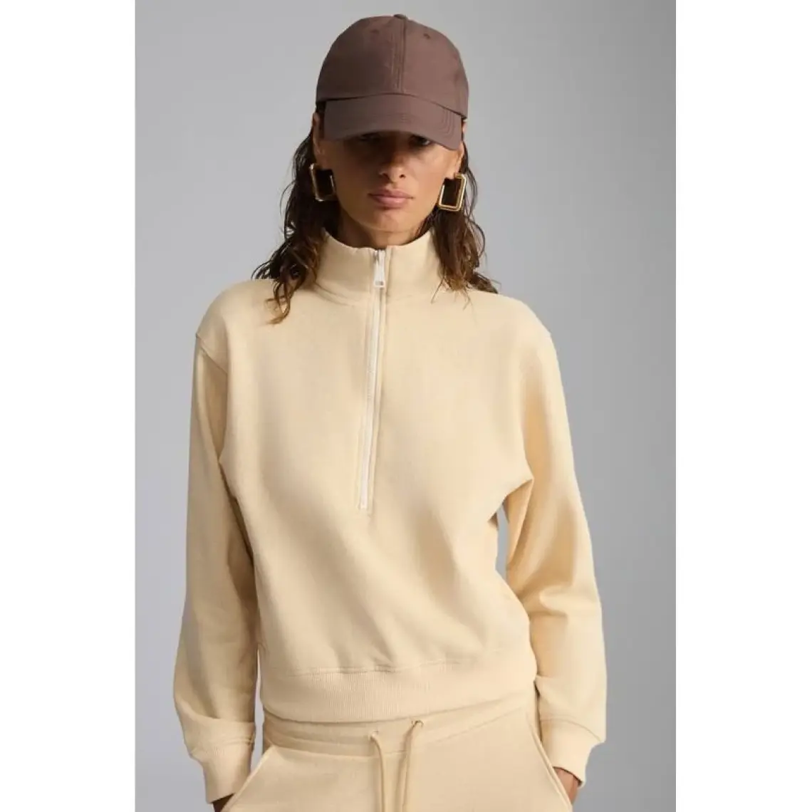 Saılenıs Kadın Yumuşacık Içi Şardonlu Organik Pamuk Yarım Fermuarlı Regular Krem Sweatshirt