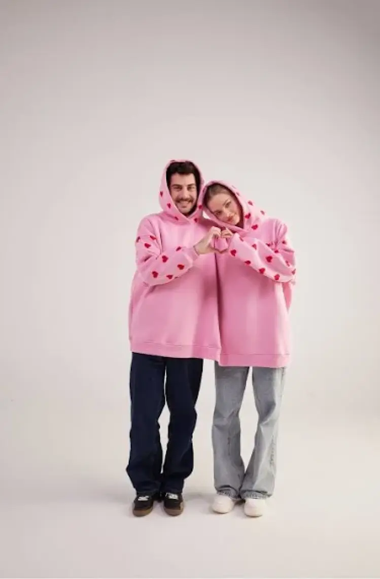 Holly Lolly Kalp Baskılı Çift Giyilir Lovebombing sweatshirt Pembe