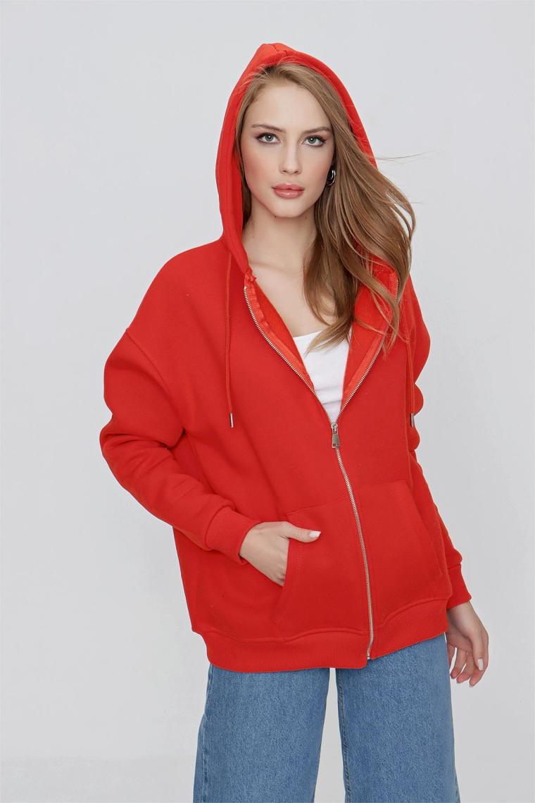 Tena Moda Kadın Orange Kapüşonlu Oversize Fermuarlı Sweatshirt