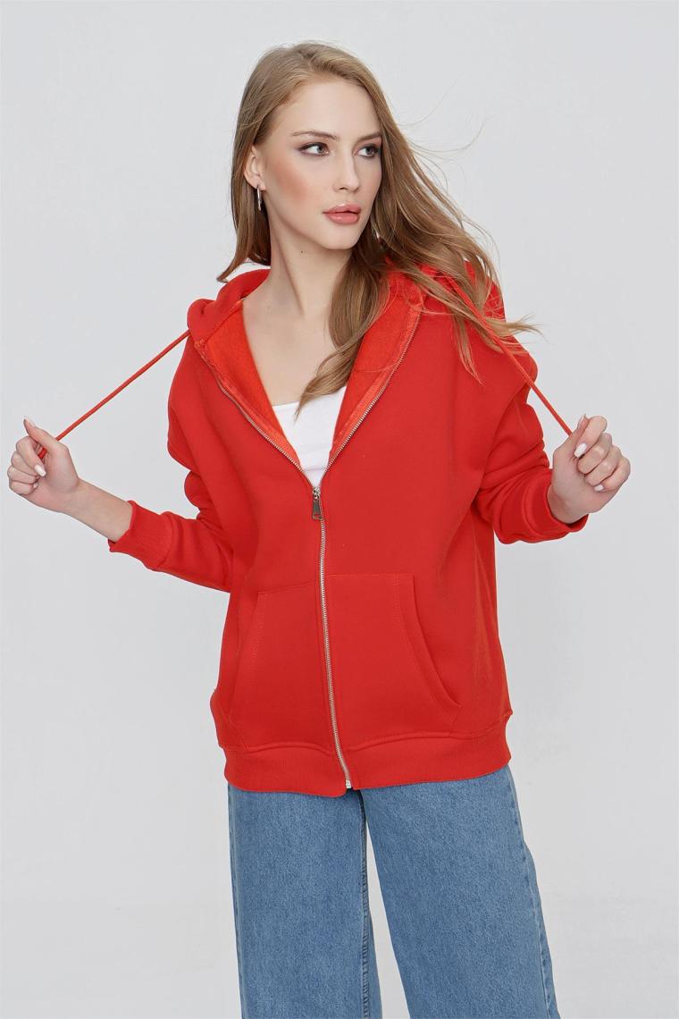 Tena Moda Kadın Orange Kapüşonlu Oversize Fermuarlı Sweatshirt