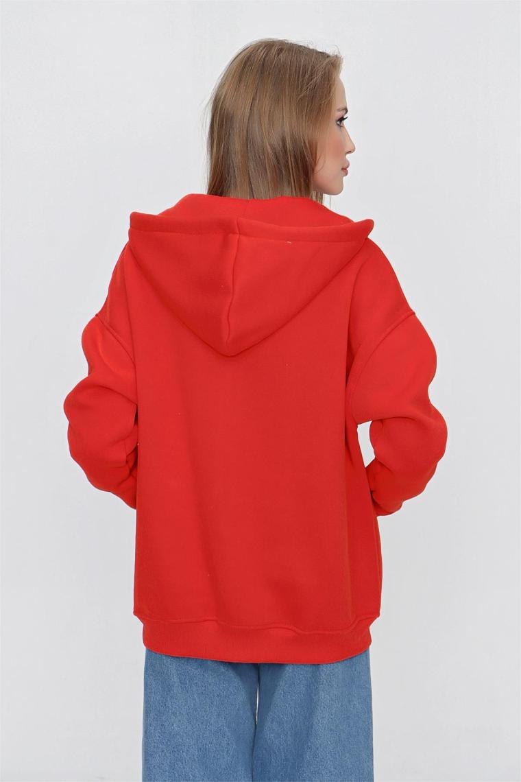 Tena Moda Kadın Orange Kapüşonlu Oversize Fermuarlı Sweatshirt