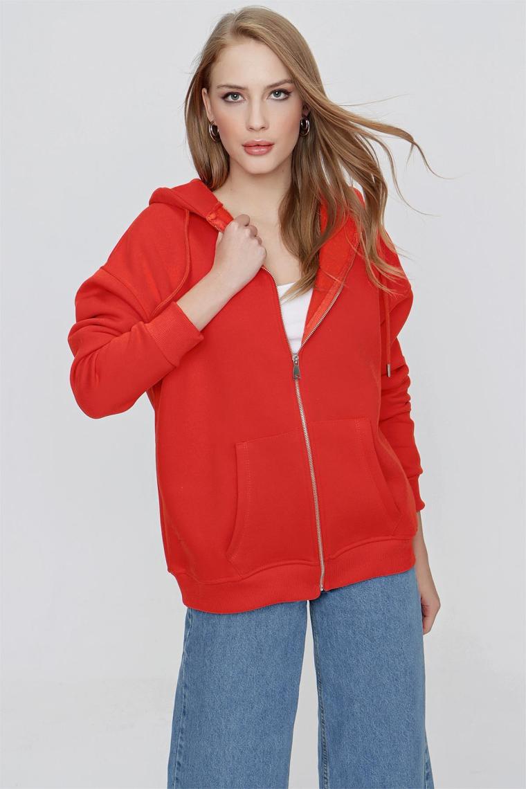 Tena Moda Kadın Orange Kapüşonlu Oversize Fermuarlı Sweatshirt
