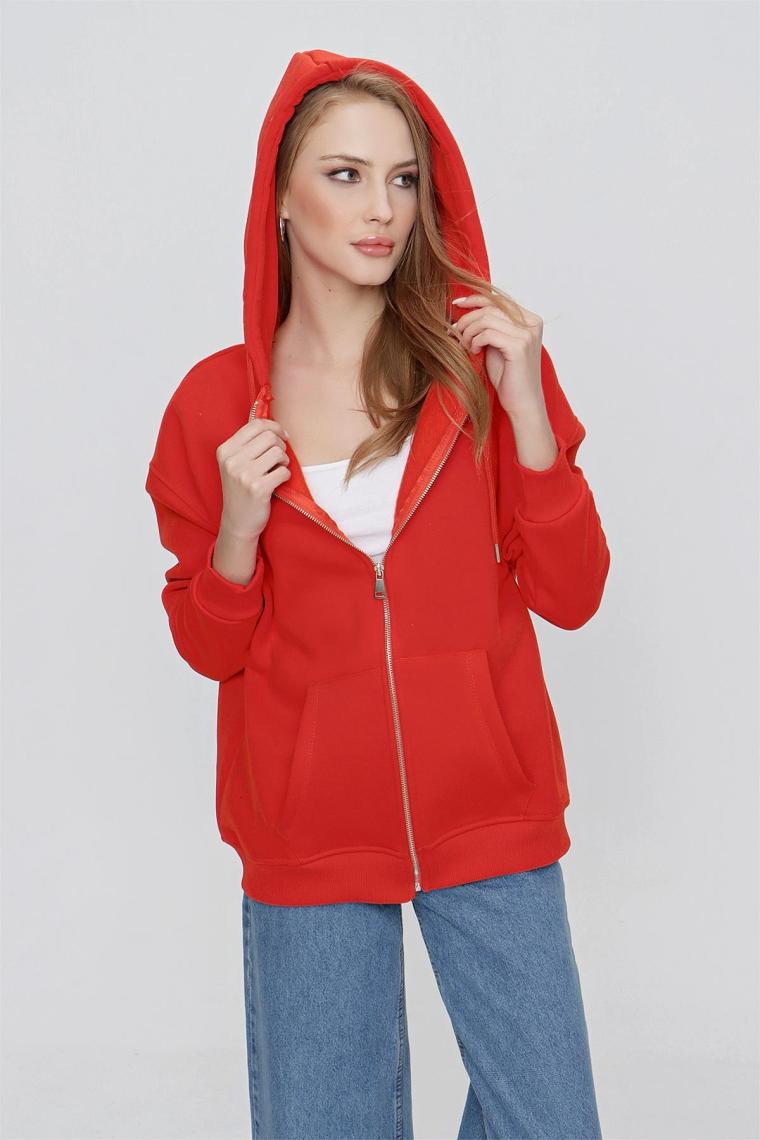 Tena Moda Kadın Orange Kapüşonlu Oversize Fermuarlı Sweatshirt