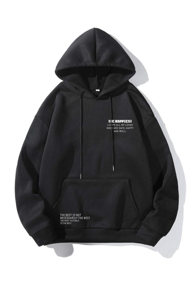 Trendseninle Siyah The Happiest Baskılı Kapişonlu Sweatshirt