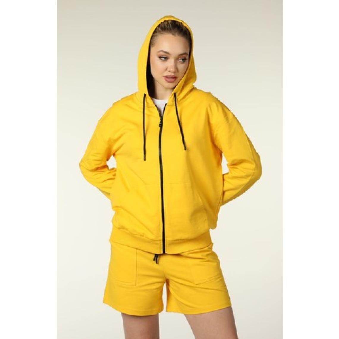 Defy's Kadın Kapüşonlu Fermuarlı Oversize Kalıp Sweatshirt Sarı