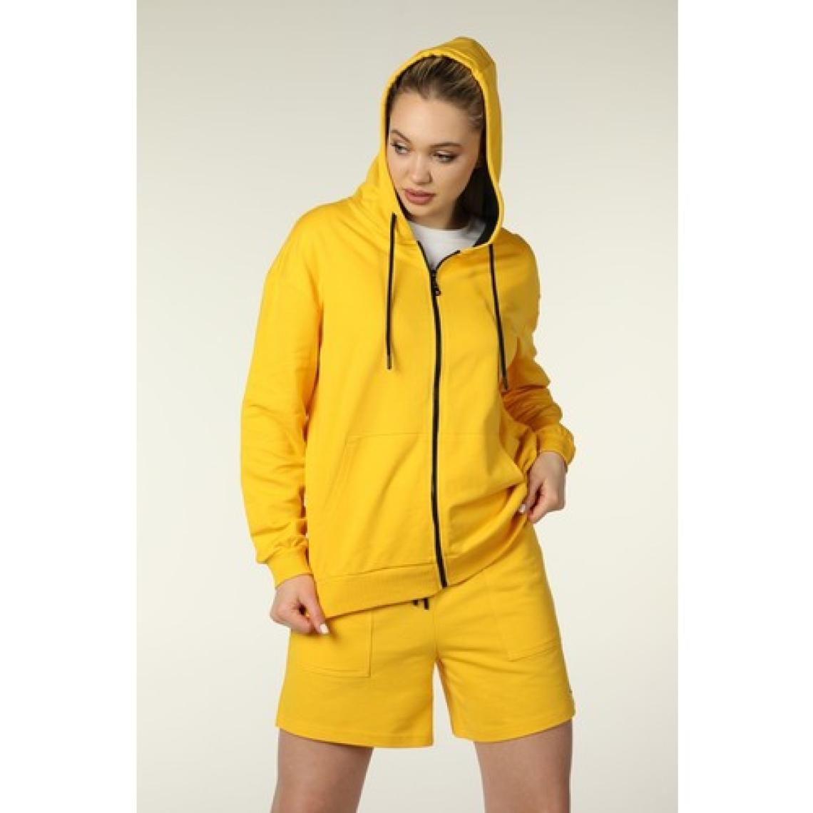 Defy's Kadın Kapüşonlu Fermuarlı Oversize Kalıp Sweatshirt Sarı