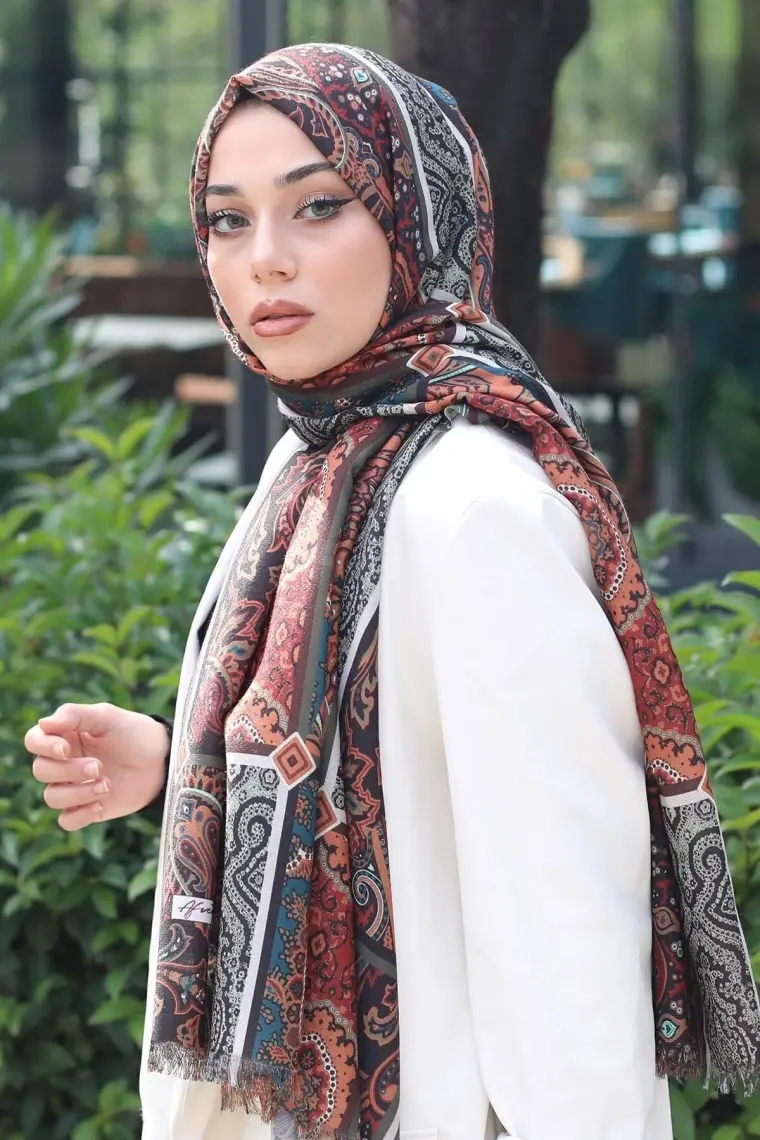 Afvente Paisley Desen Kahverengi Pamuk Şal