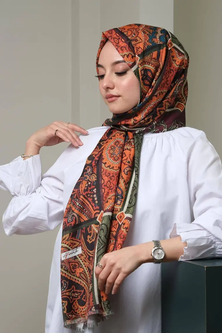 Afvente Paisley Desen Kahverengi Pamuk Şal