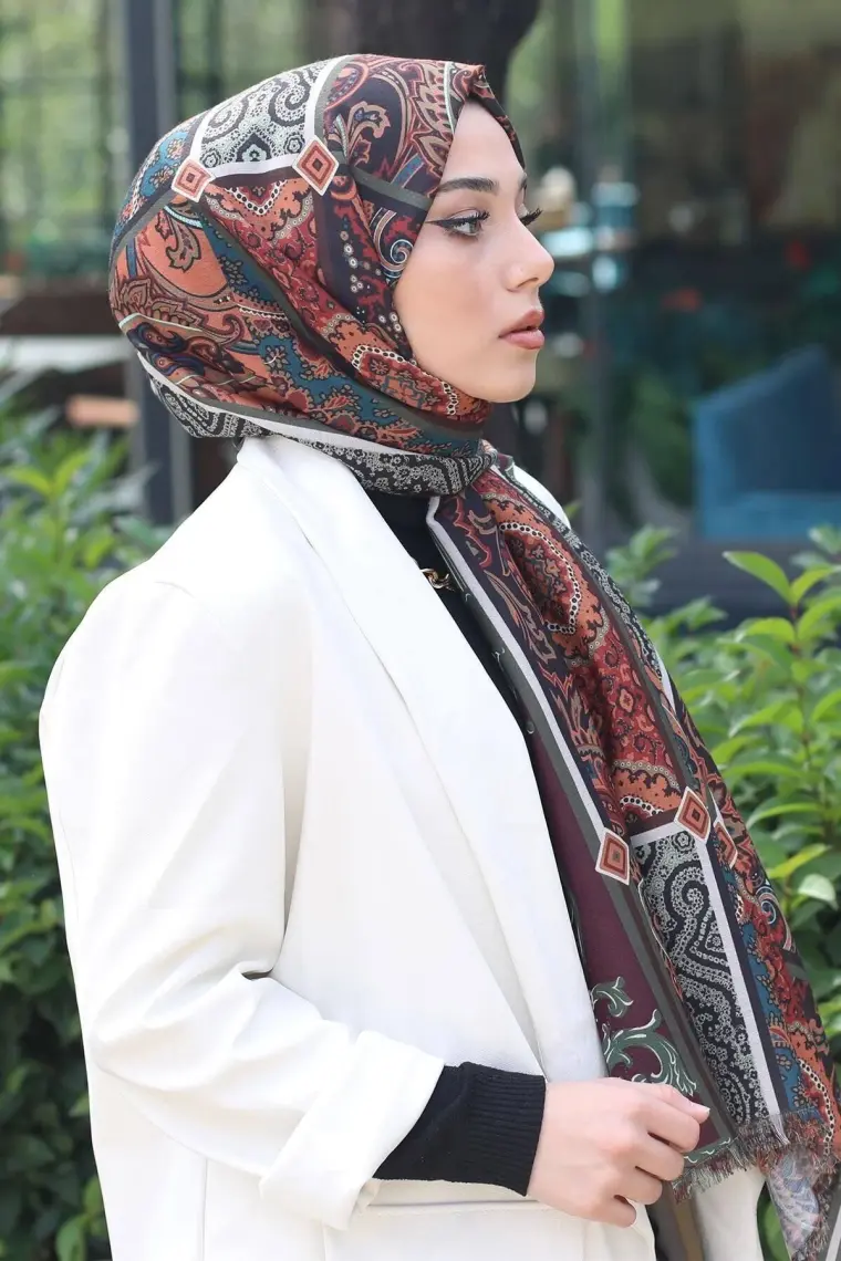 Afvente Paisley Desen Kahverengi Pamuk Şal
