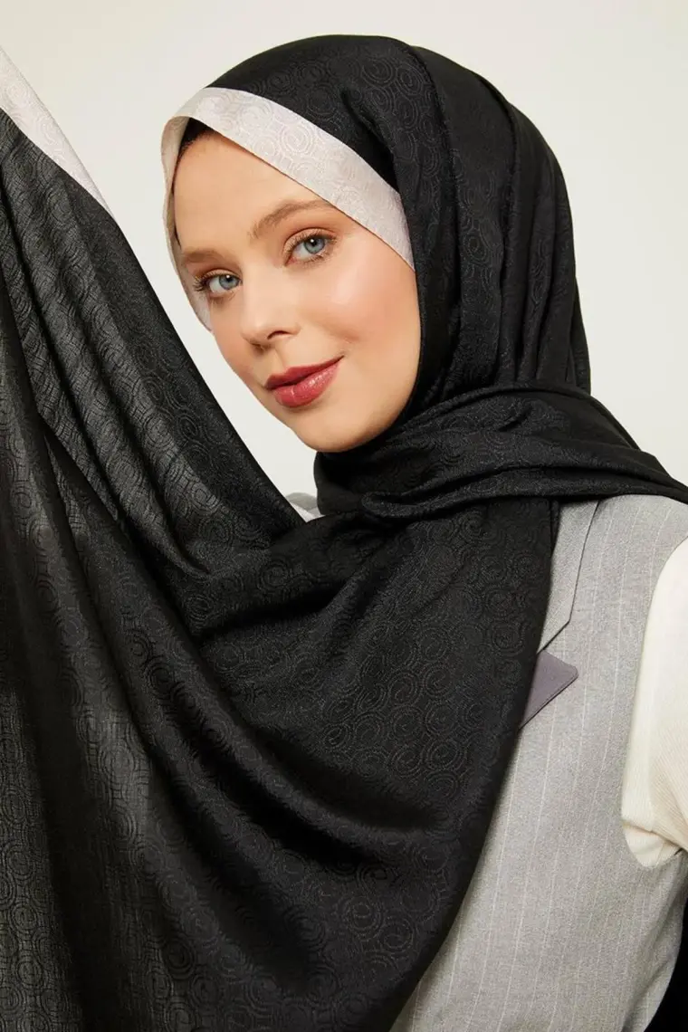 Levidor Siyah - Bej Halka Desen Monogram Şal