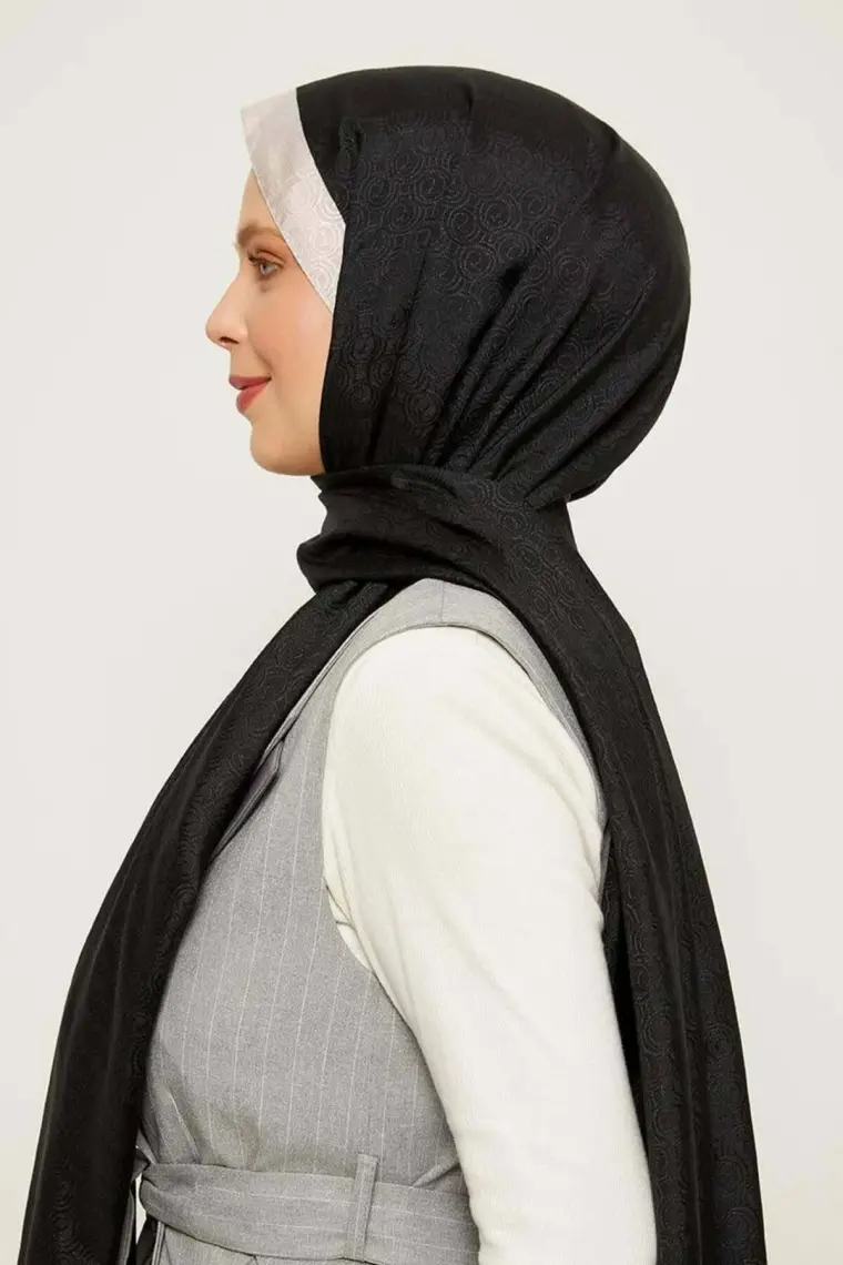 Levidor Siyah - Bej Halka Desen Monogram Şal