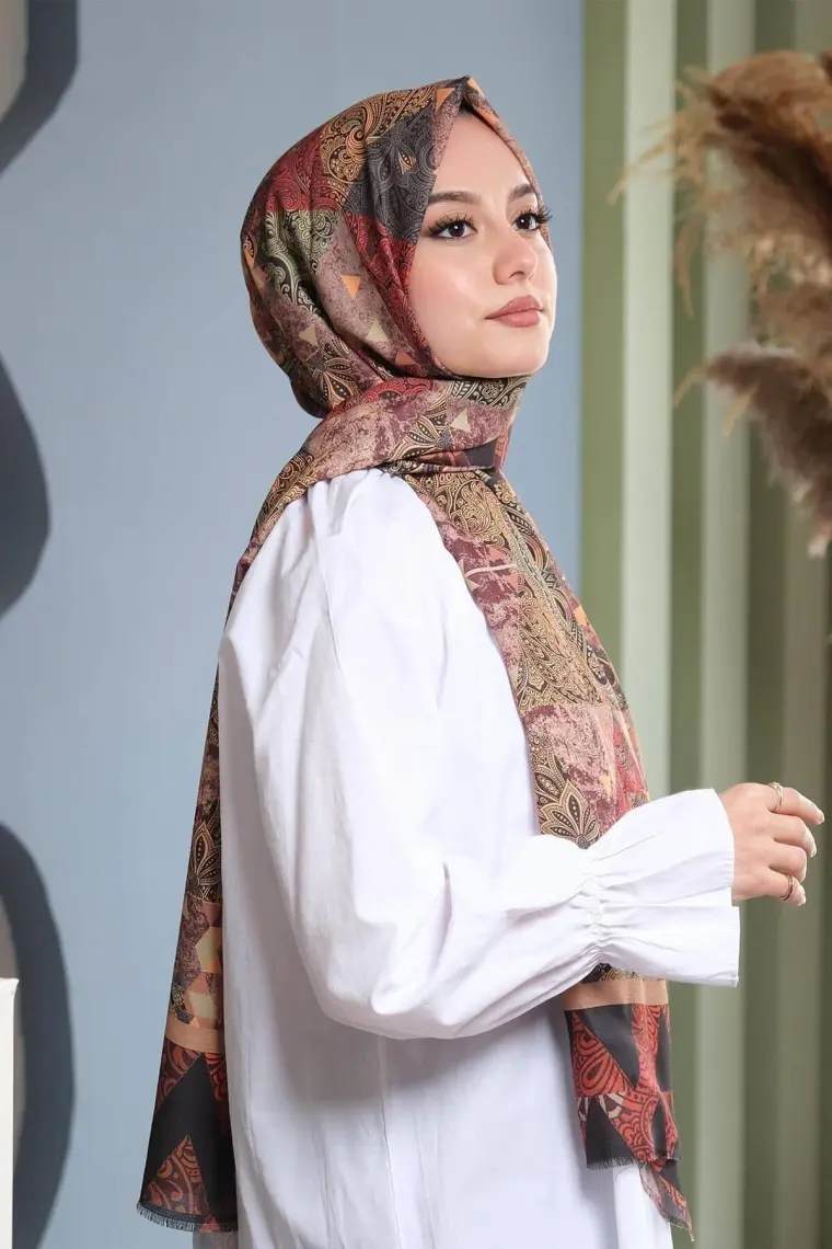 Afvente Paisley Desen Kahverengi Pamuk Şal