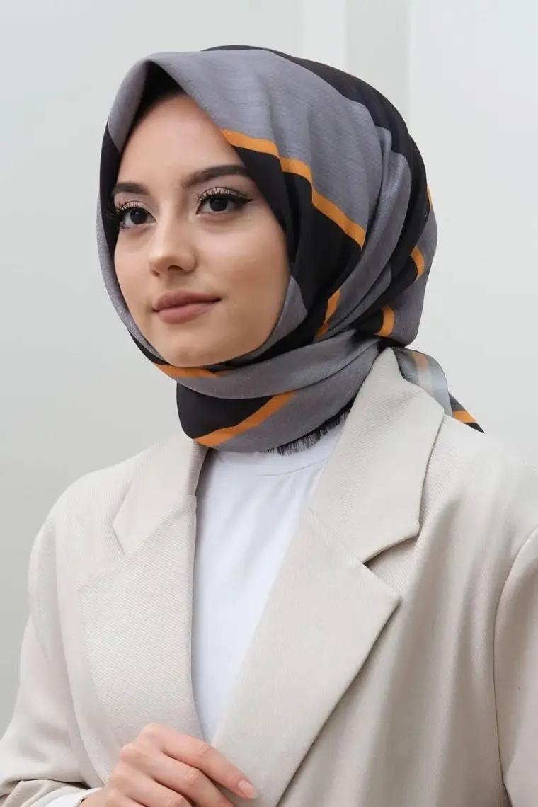 Afvente Çizgili Desen Gri Pamuk Eşarp