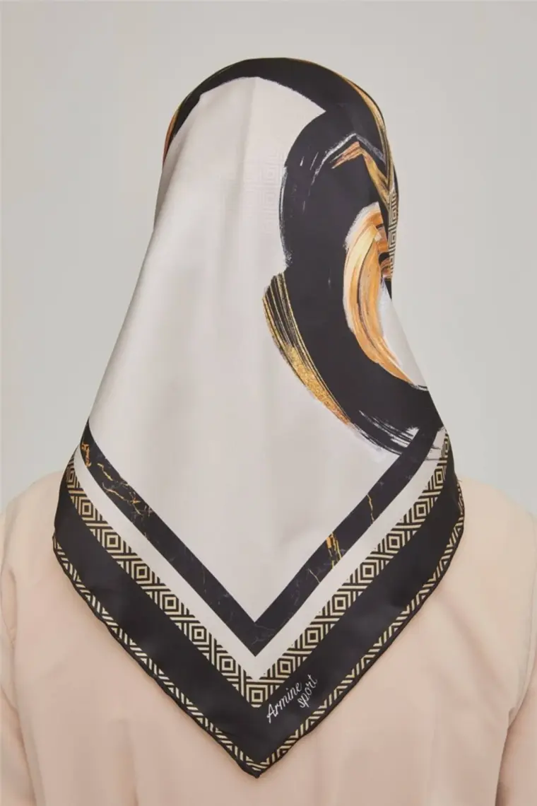 Armine Sport Twill (Tivil) Nostalji Desen Eşarp Siyah Gold Ekru Vizon
