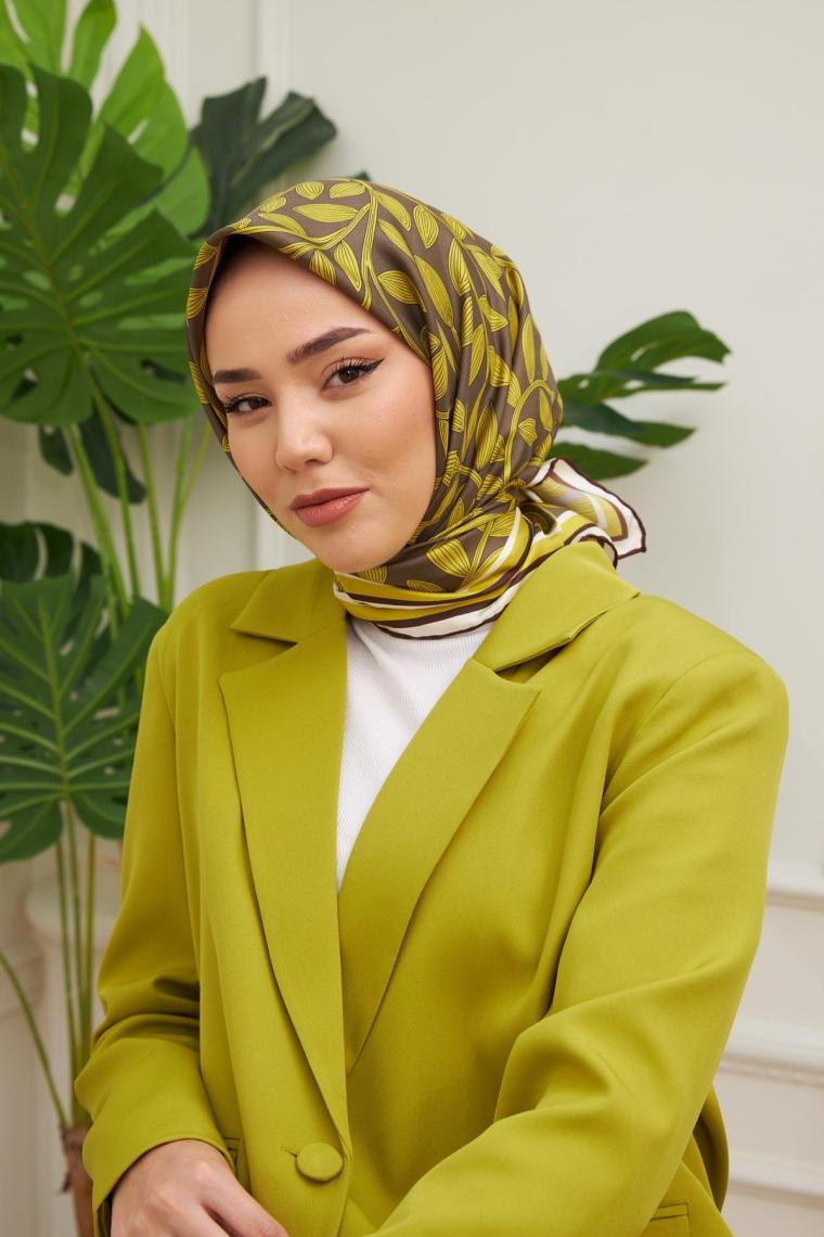 Silk Home Yağ Yeşili Yaprak Desenli Tivil Ipek Eşarp 11397-33