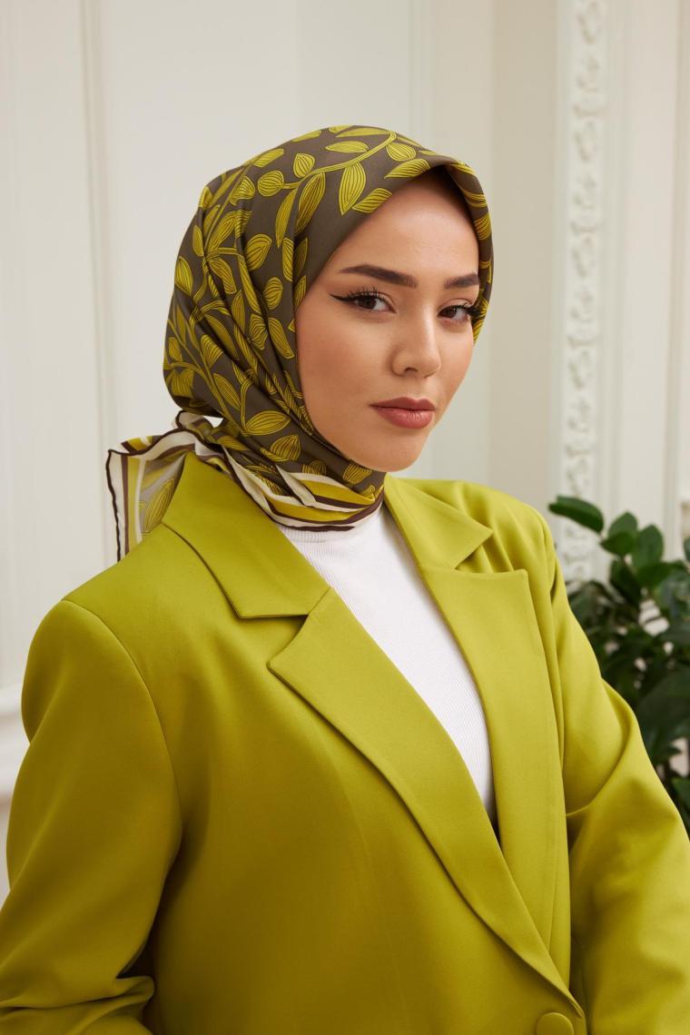 Silk Home Yağ Yeşili Yaprak Desenli Tivil Ipek Eşarp 11397-33