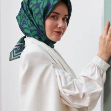Silk Home Lacivert- Yeşil Yaprak Desenli Tivil Ipek Eşarp 11397-03