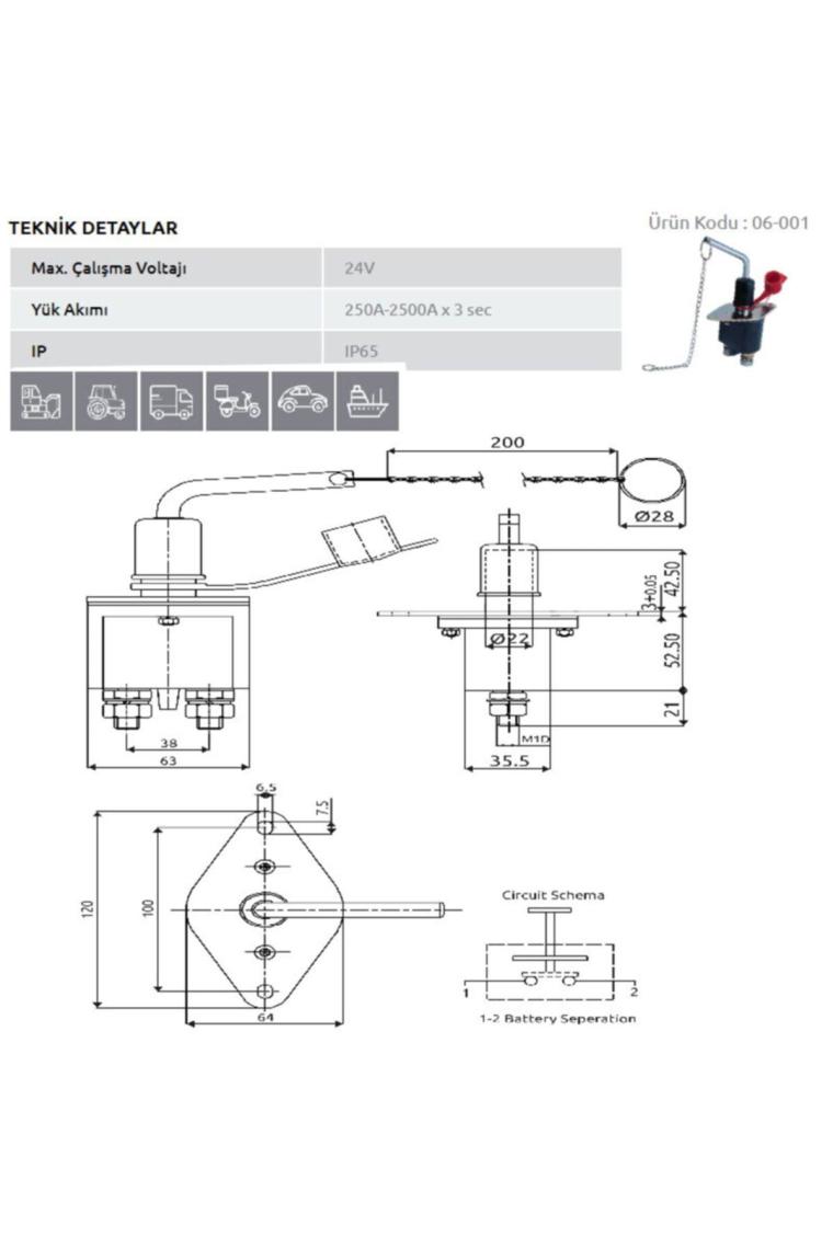 Tır Devre Kesici Akü Şalter 12-24V Isıya Dayanıklı