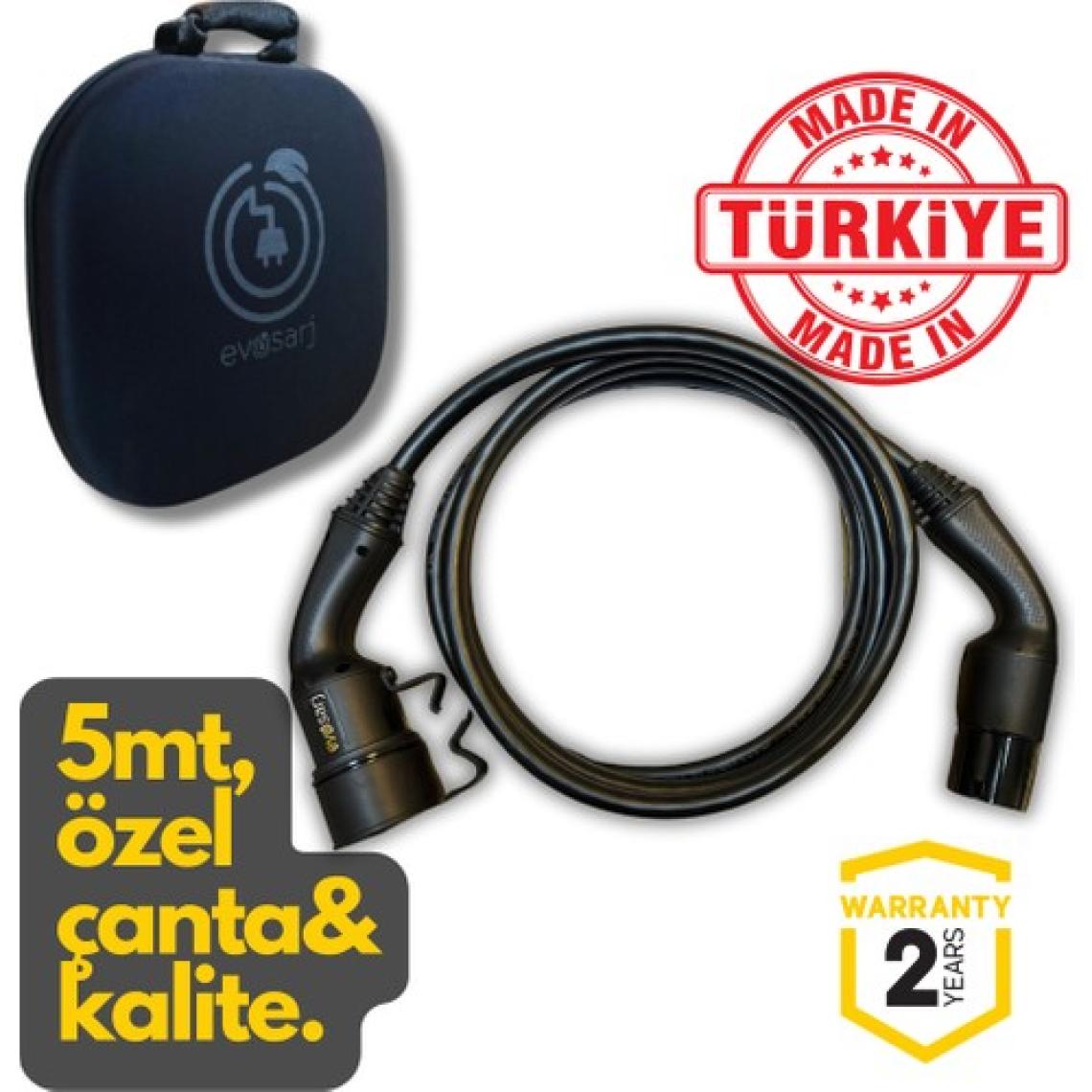 Evoşarj Elektrikli Otomobil Şarj Ara Kablosu 22 Kw, 32 Amper, 5 Metre TPU Kablo, Siyah, Özel Çantalı.