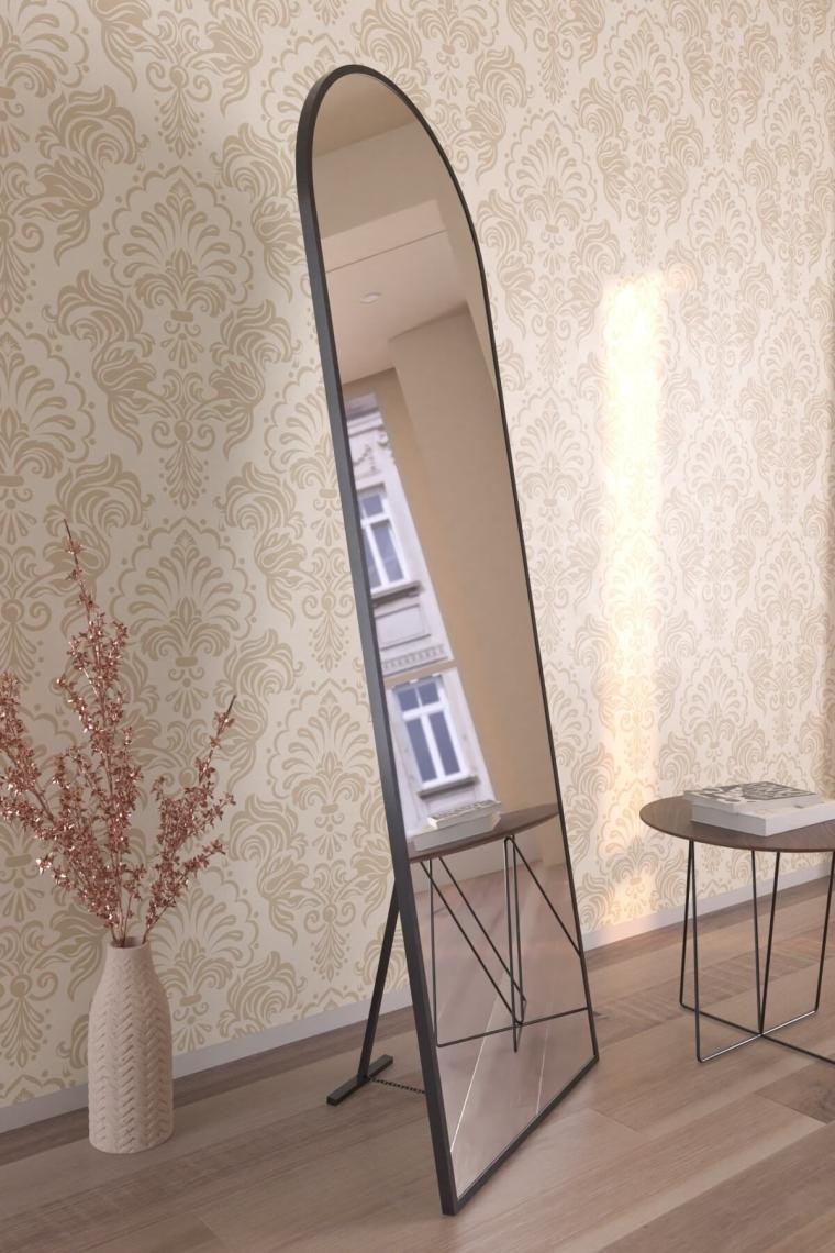Oval Siyah Metal Çerçeveli Ayaklı Influencer Boy Aynası 180x60cm