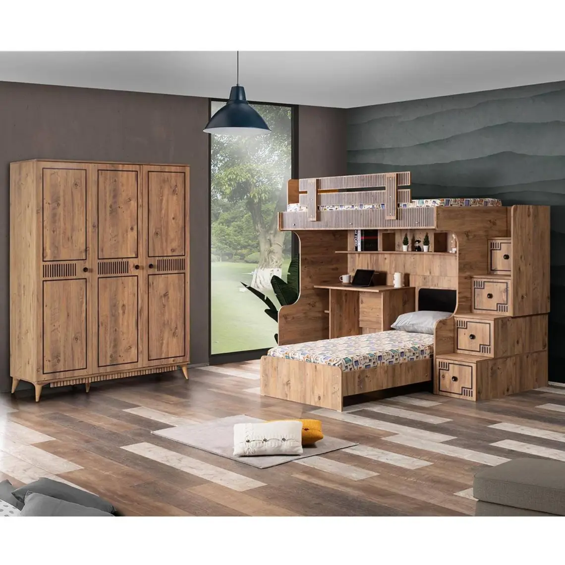 Setay Natural Ranza Karyola Çalışma Masası  3 Kapaklı Dolap