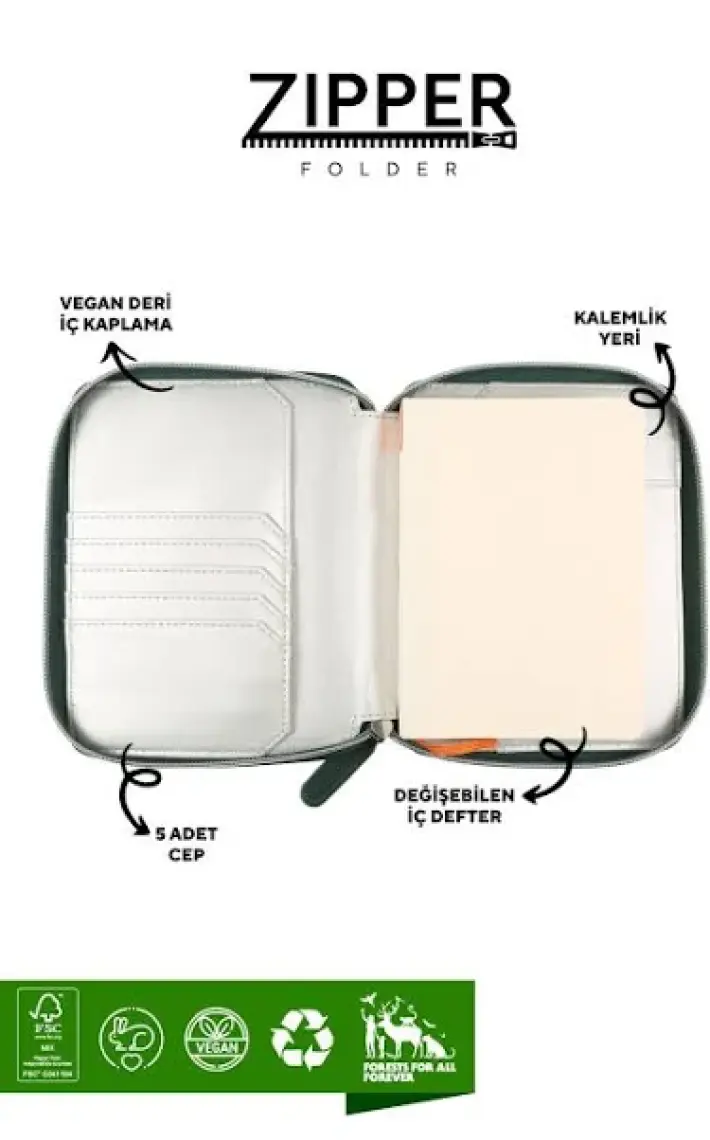 Victoria's Journals 123 0294 Victoria's Journals Zipper Folder Organizer Defter A6 Çizgili Yeşil