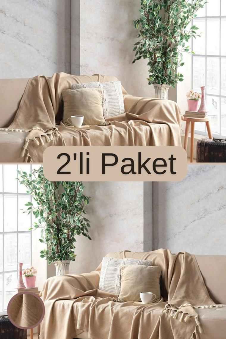 Miracolo Home Sık Dokuma Pamuklu Dekoratif Koltuk Örtüsü Seti 170X230 Boyutlu Optimal Kaymaz Tasarım (2 Adet)-Deve Tüyü
