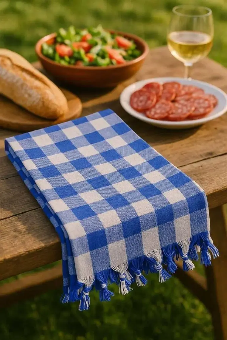 Mira Home 150X150 cm Kareli Yer Sofra Bezi Piknik Masa Örtüsü Saçaklı