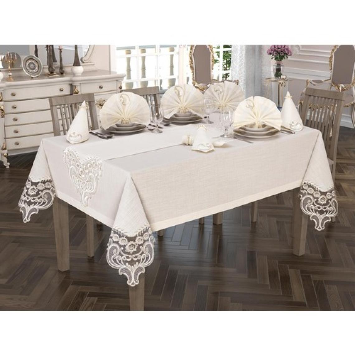 Çeyiz Diyarı Crown Linen Fransız Güpürlü Masa Örtüsü Takımı 26 Parça Krem