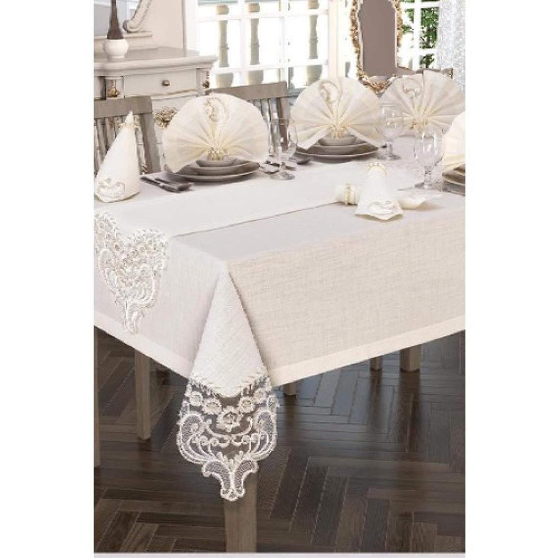 Çeyiz Diyarı Crown Linen Fransız Güpürlü Masa Örtüsü Takımı 26 Parça Krem