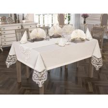 Çeyiz Diyarı Crown Linen Fransız Güpürlü Masa Örtüsü Takımı 26 Parça Krem