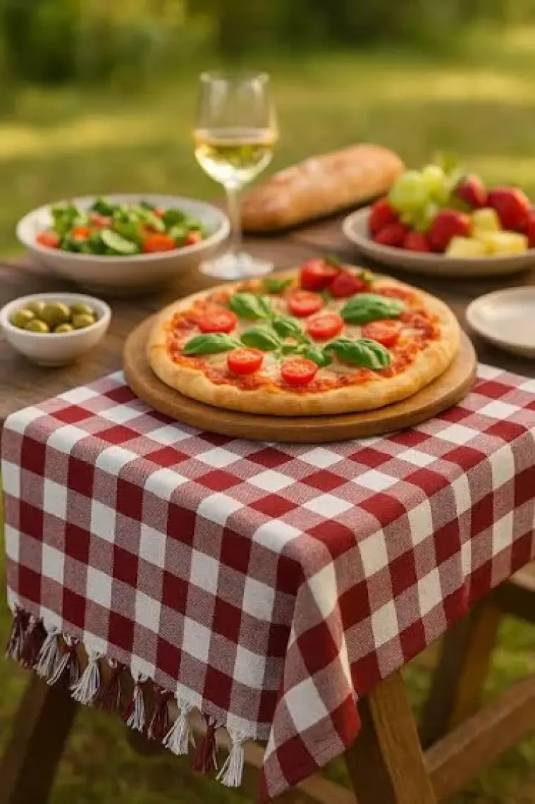Sanatella 150 x 150 cm Kareli Yer Sofra Bezi Piknik Masa Örtüsü Saçaklı