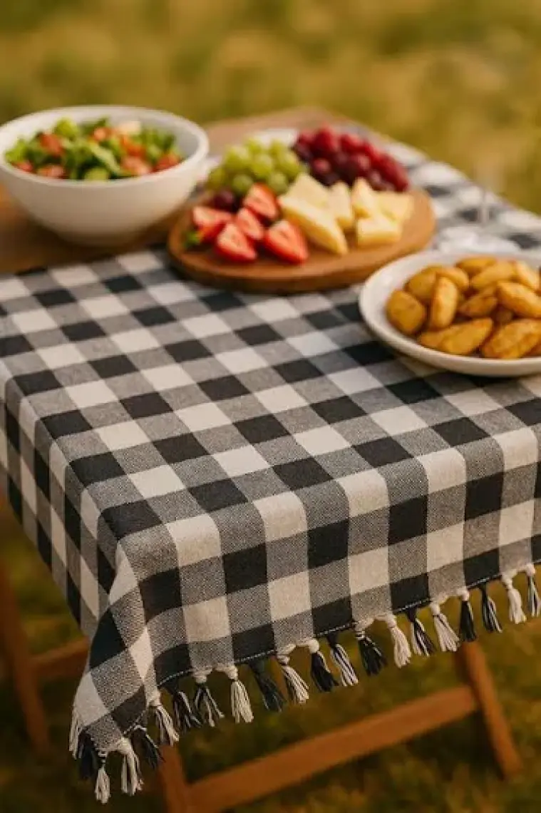 Sanatella 150 x 150 cm Kareli Yer Sofra Bezi Piknik Masa Örtüsü Saçaklı