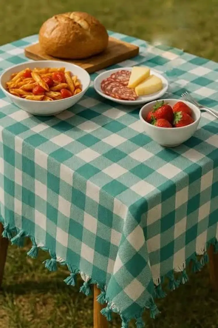 Sanatella 150 x 150 cm Kareli Yer Sofra Bezi Piknik Masa Örtüsü Saçaklı