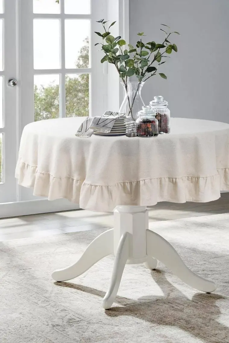 Cotton Maison Naturel Fırfırlı Masa Örtüsü Vintage 130 cm Yuvarlak