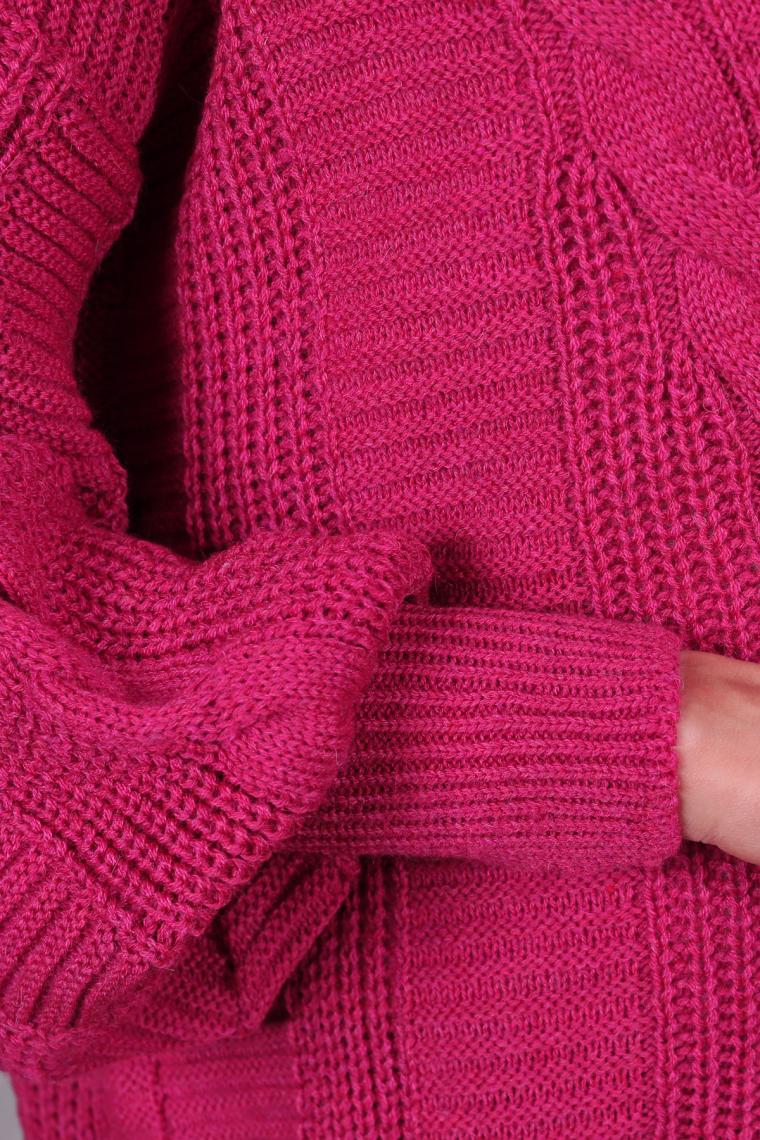 Lugmo Kadın Triko Hırka Akrilik iplik 80 cm Saç Örgülü Fuşya (80)