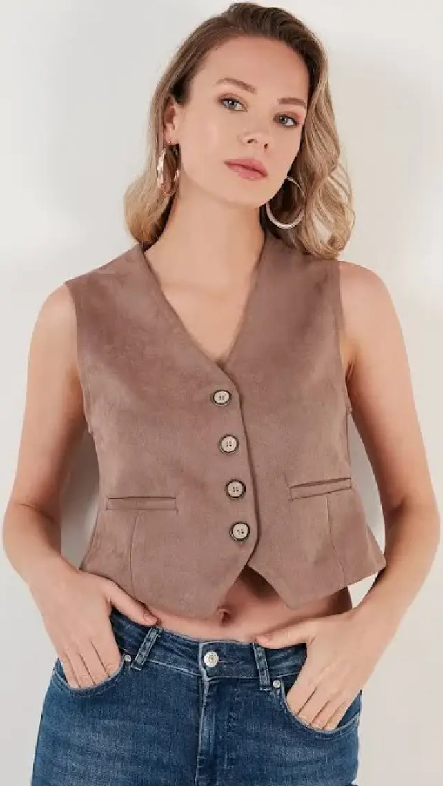 Lela Fitted V Yak Düğmeli Crop Scuba Süet Yelek Bayan Yelek 5865576