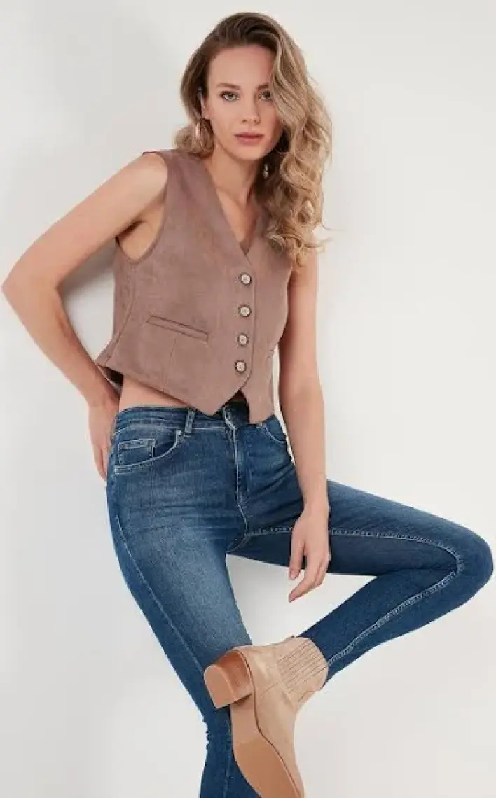Lela Fitted V Yak Düğmeli Crop Scuba Süet Yelek Bayan Yelek 5865576