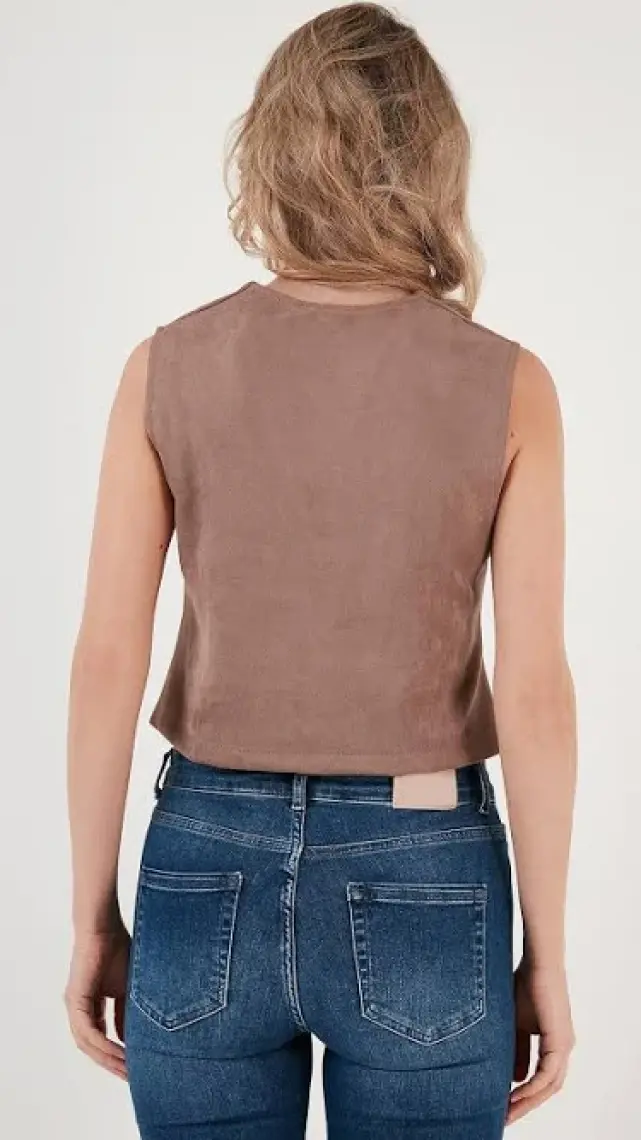 Lela Fitted V Yak Düğmeli Crop Scuba Süet Yelek Bayan Yelek 5865576