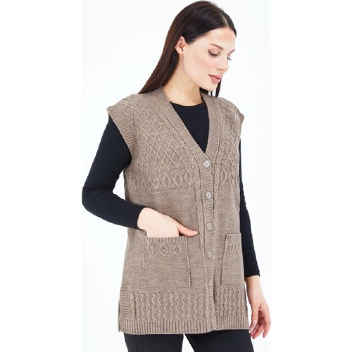 Fresh Moda Kadın  Vizon  V Yaka Düğmeli Cepli Örgü  Yün Anne Triko Yelek